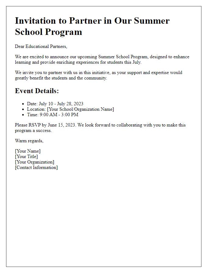 Letter template of Summer School Invitation for Educational Partners