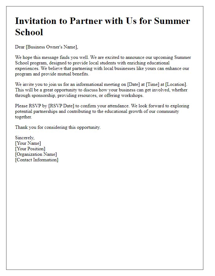 Letter template of Summer School Invitation for Local Businesses