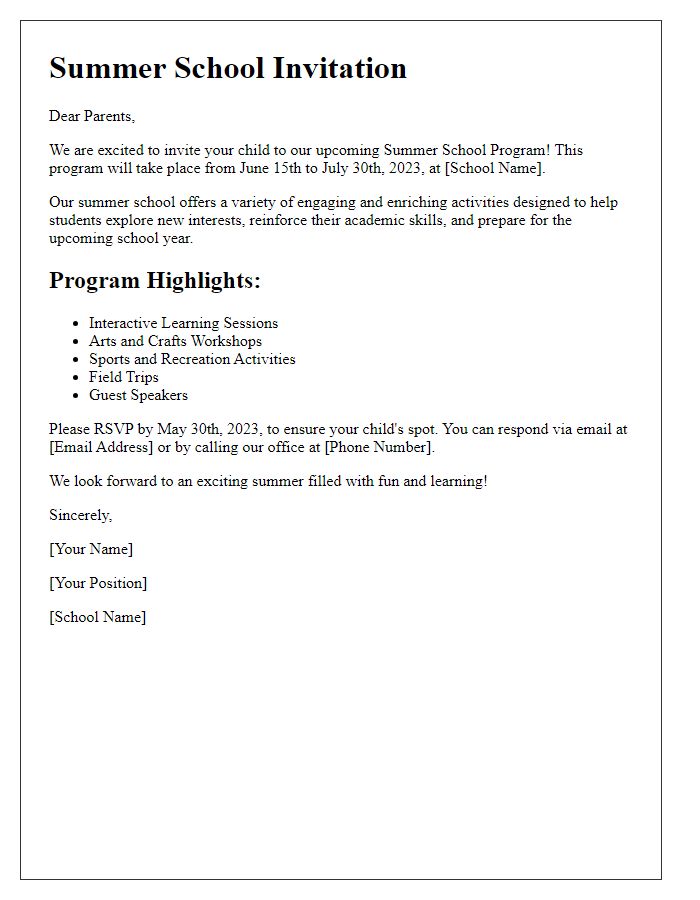 Letter template of Summer School Invitation for Parents