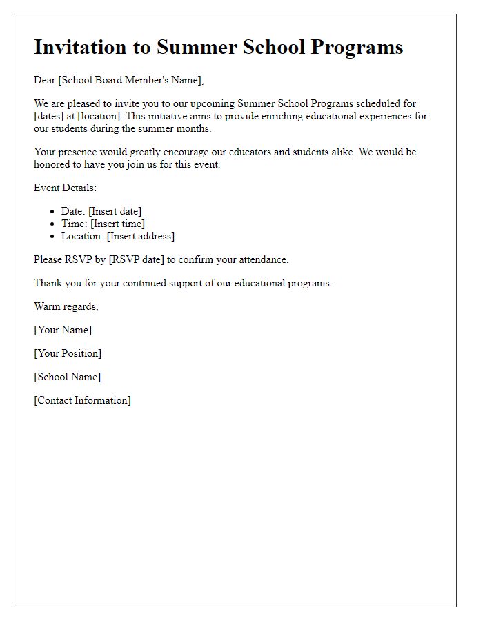 Letter template of Summer School Invitation for School Board Members