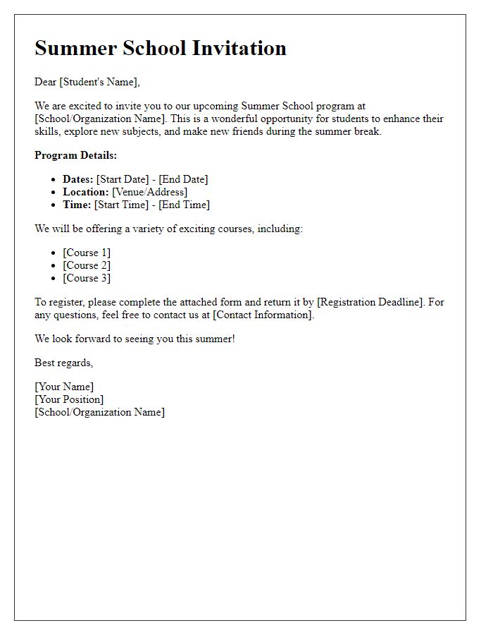 Letter template of Summer School Invitation for Students