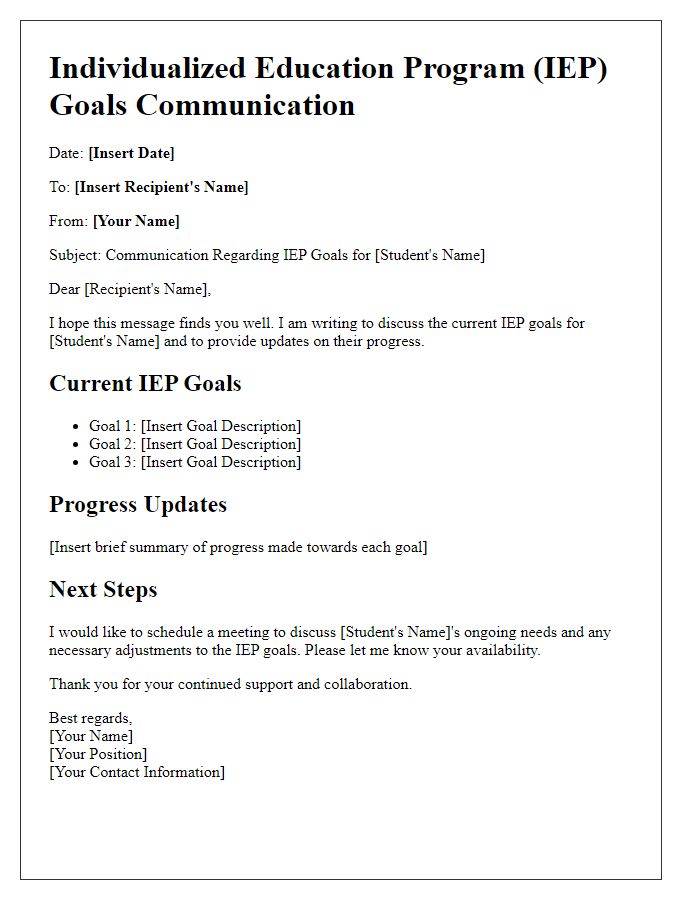 Letter template of communication regarding IEP goals