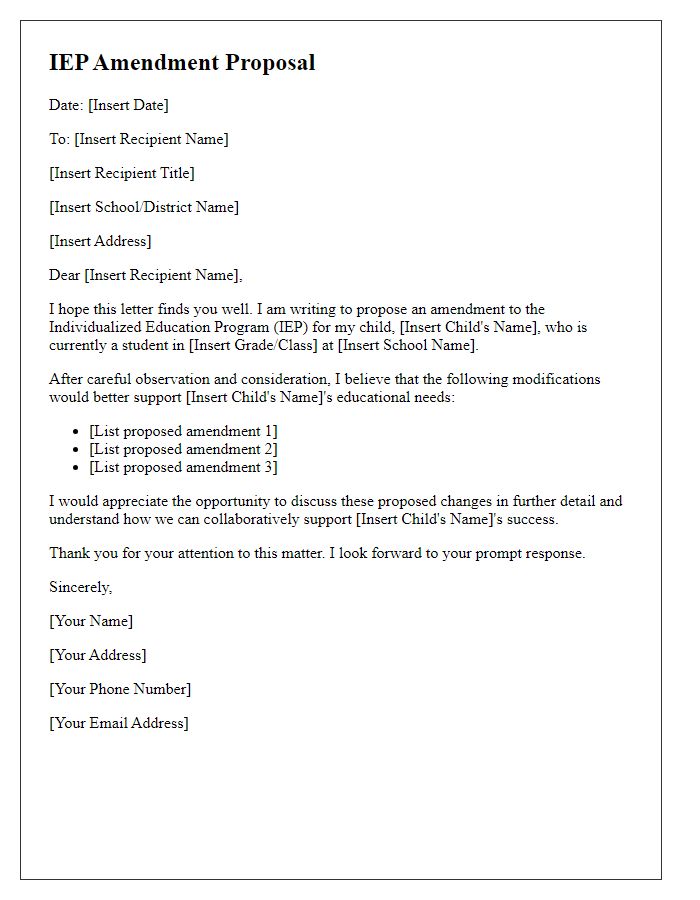 Letter template of IEP amendment proposal