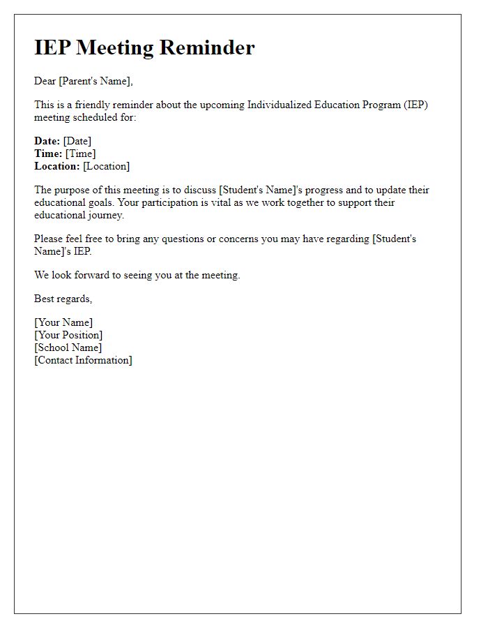 Letter template of IEP meeting reminder