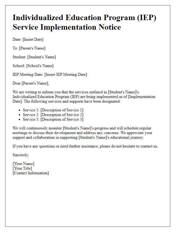 Letter template of IEP service implementation