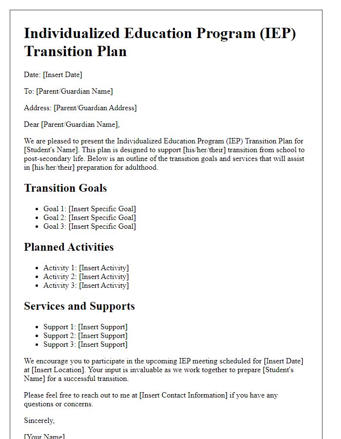 Letter template of IEP transition plan