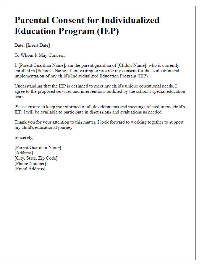 Letter template of parental consent for IEP