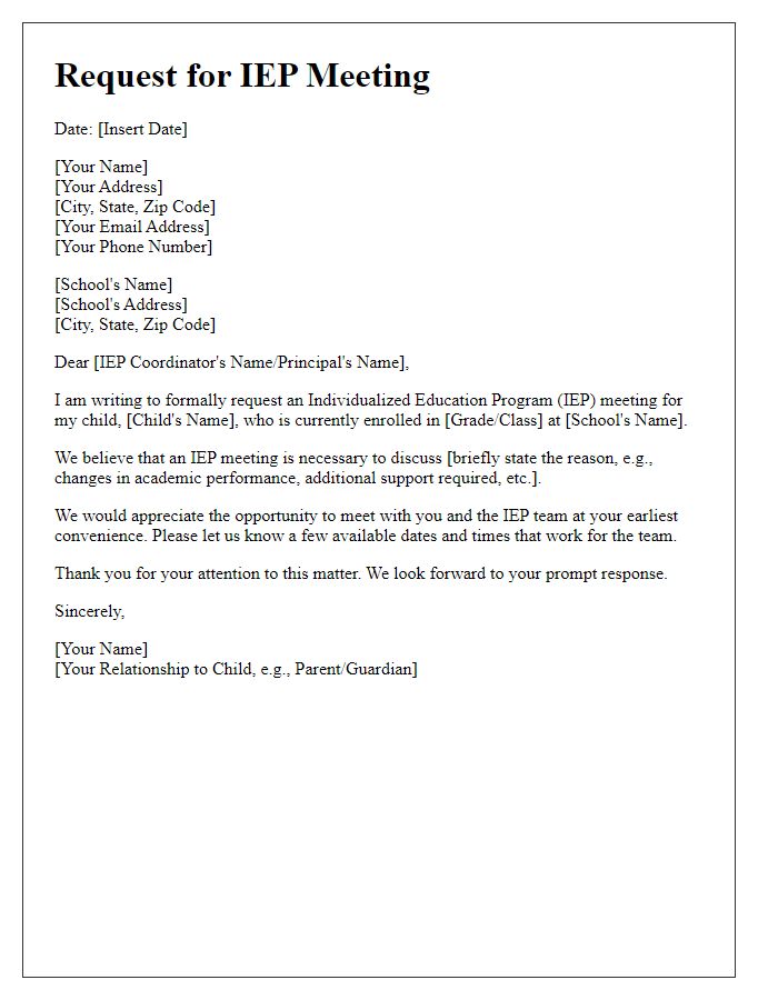 Letter template of request for IEP meeting