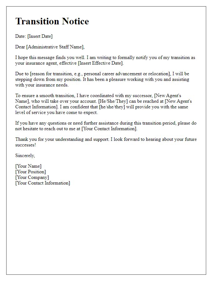 Letter template of insurance agent transition notice for administrative staff