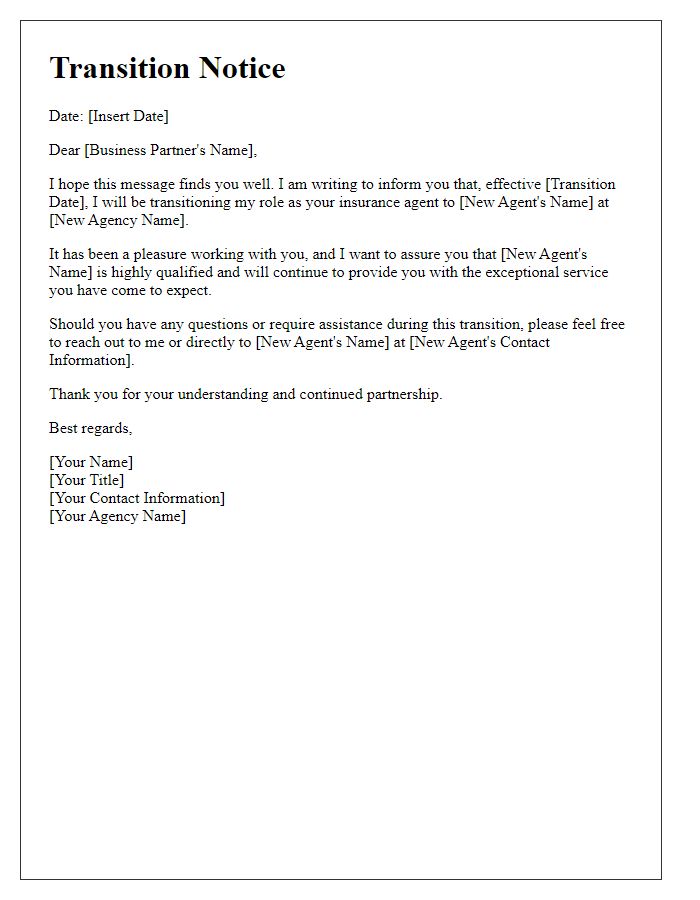 Letter template of insurance agent transition notice for business partners