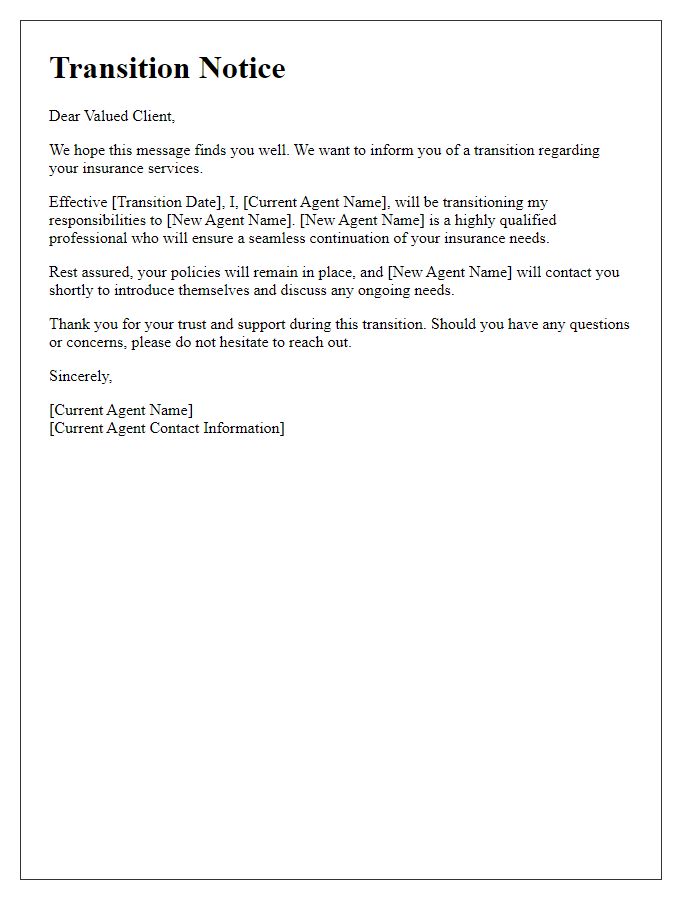 Letter template of insurance agent transition notice for clients