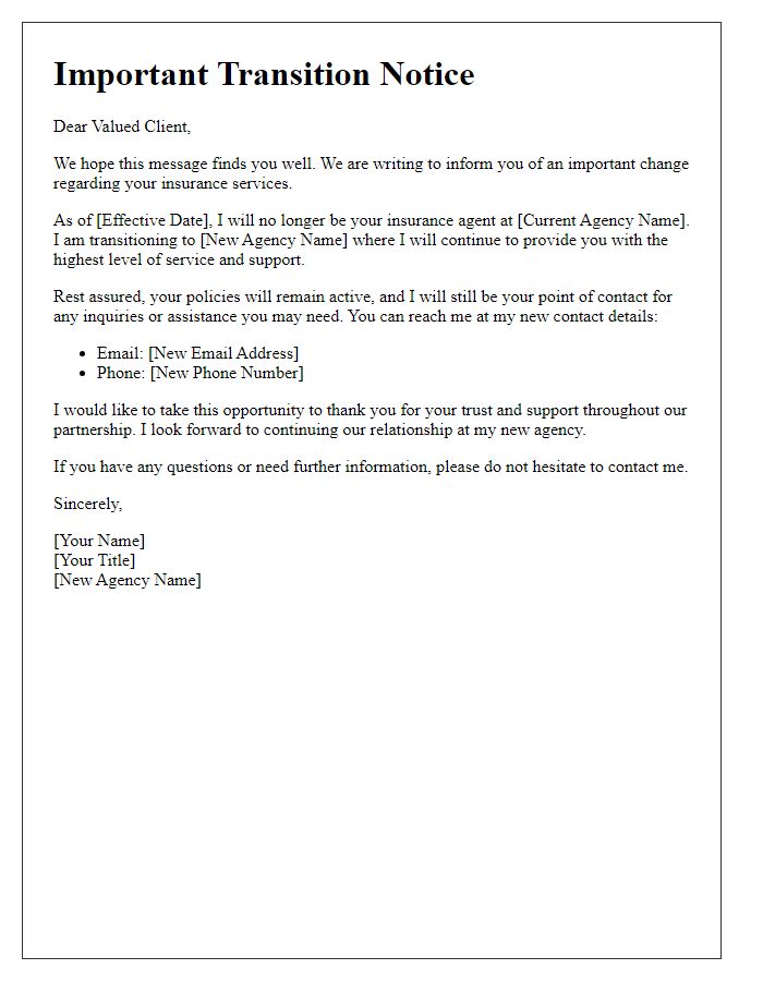 Letter template of insurance agent transition notice for personal clients