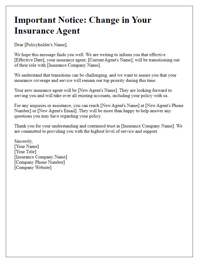 Letter template of insurance agent transition notice for policyholders