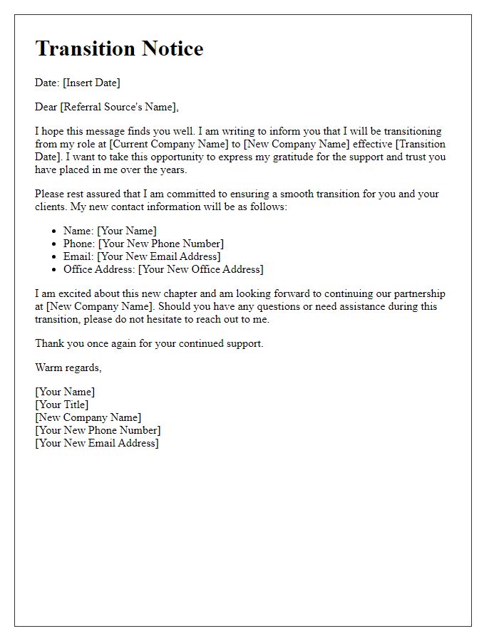 Letter template of insurance agent transition notice for referral sources