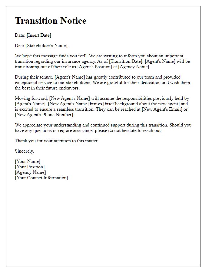 Letter template of insurance agent transition notice for stakeholders