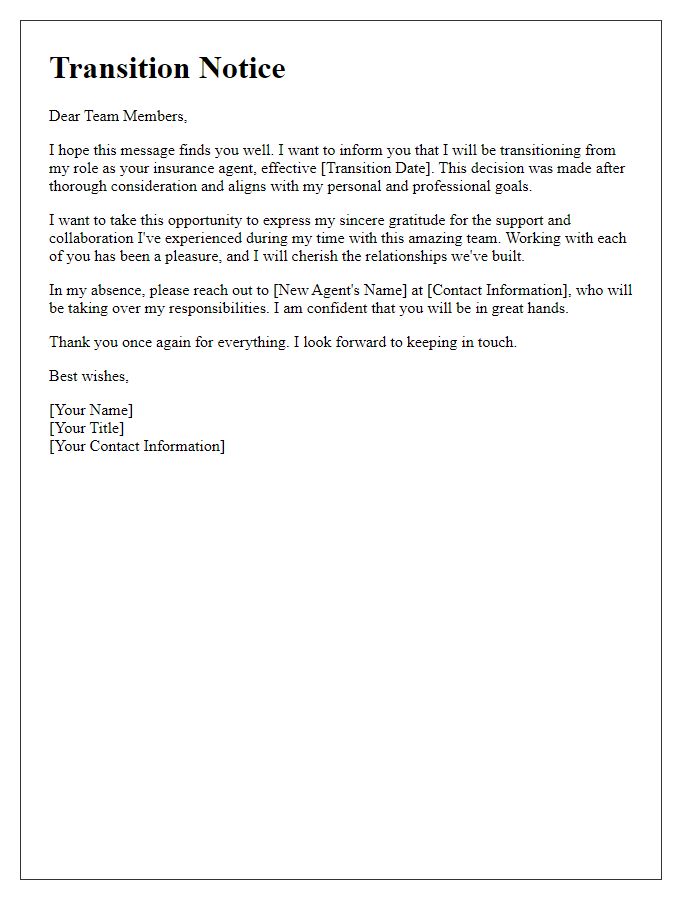 Letter template of insurance agent transition notice for team members