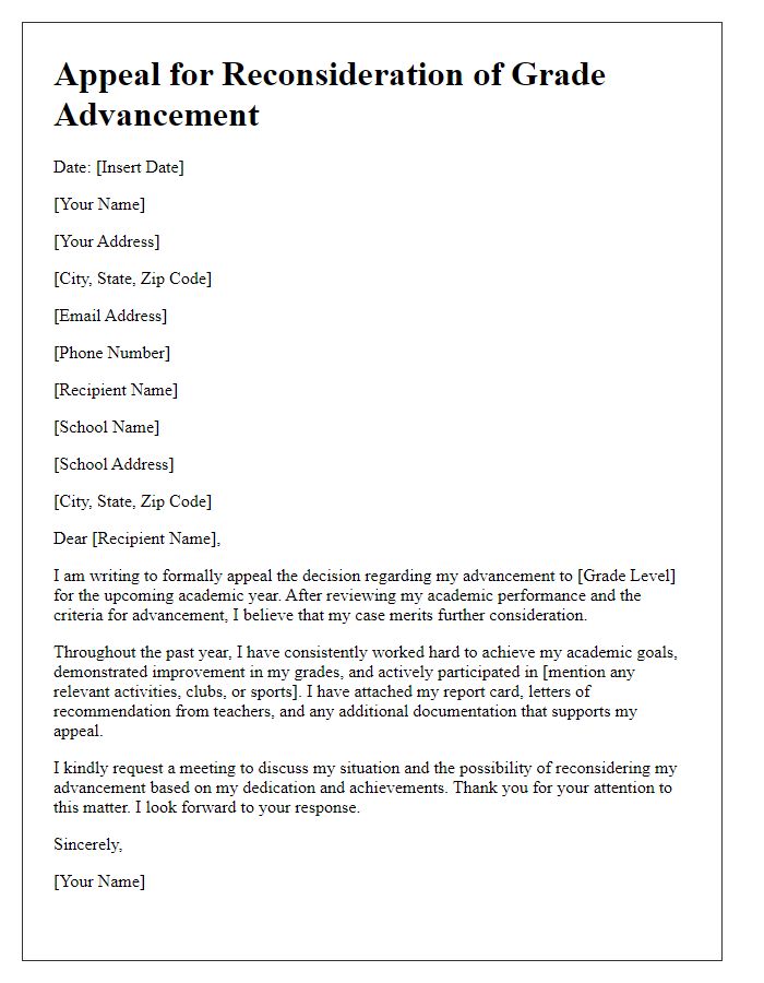 Letter template of appeal for reconsideration of grade advancement.