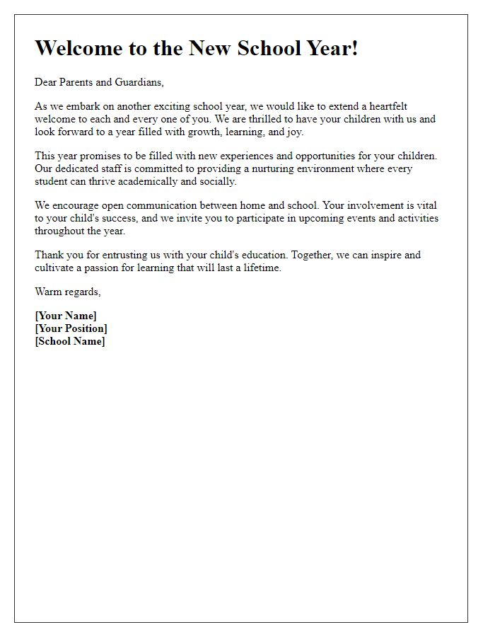 Letter template of heartfelt welcome to parents for the school year.