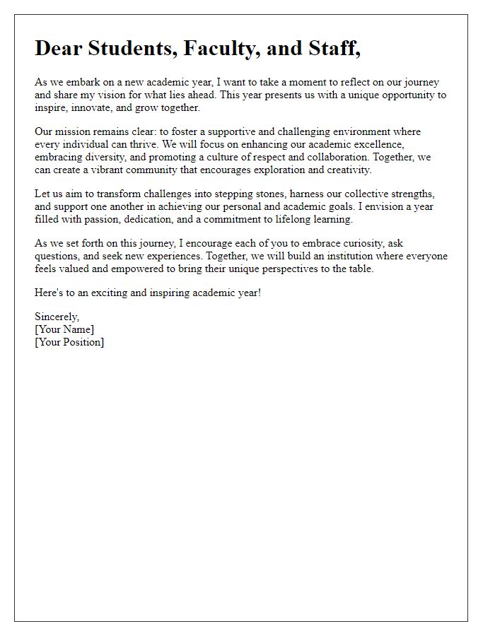 Letter template of inspiring vision for the upcoming academic year.