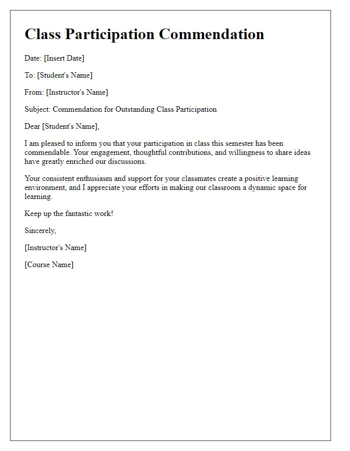 Letter template of Class Participation Commendation