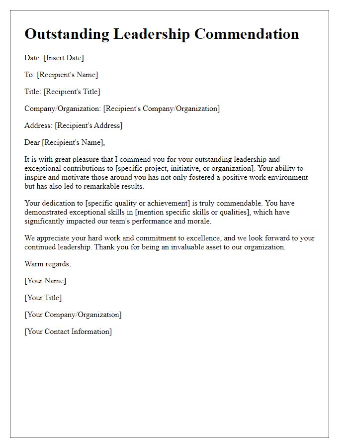 Letter template of Outstanding Leadership Commendation