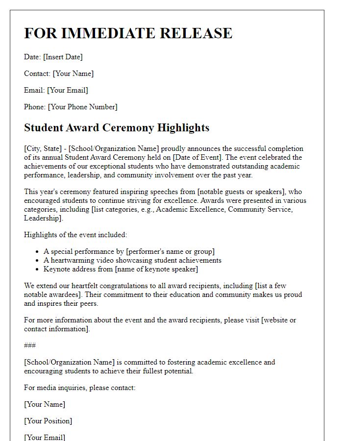 Letter template of press release for student award ceremony highlights