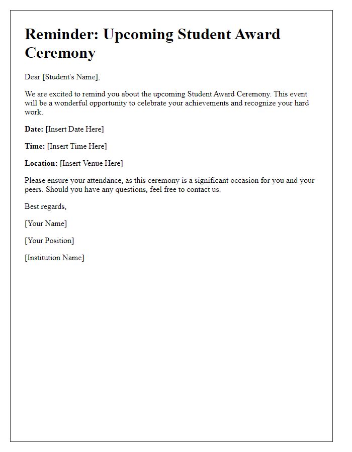 Letter template of reminder for student award ceremony dates