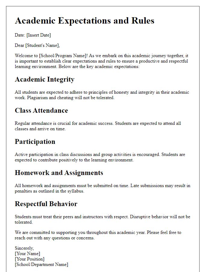 Letter template of academic expectations and rules