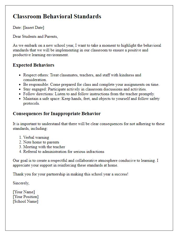 Letter template of behavioral standards in the classroom