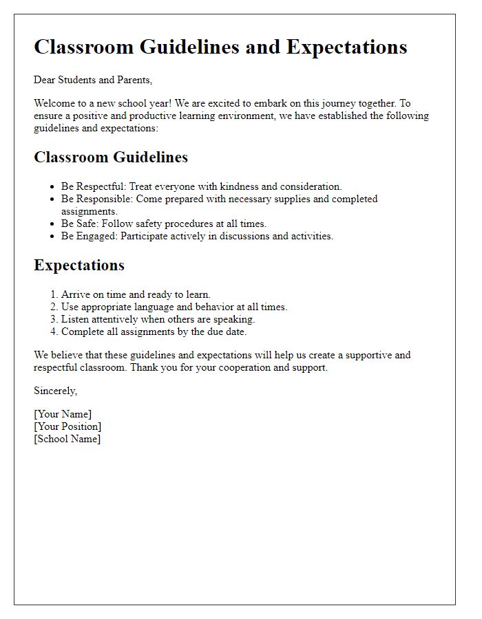 Letter template of classroom guidelines and expectations