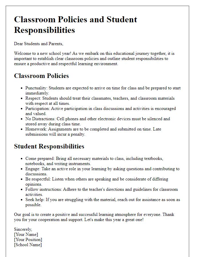 Letter template of classroom policies and student responsibilities