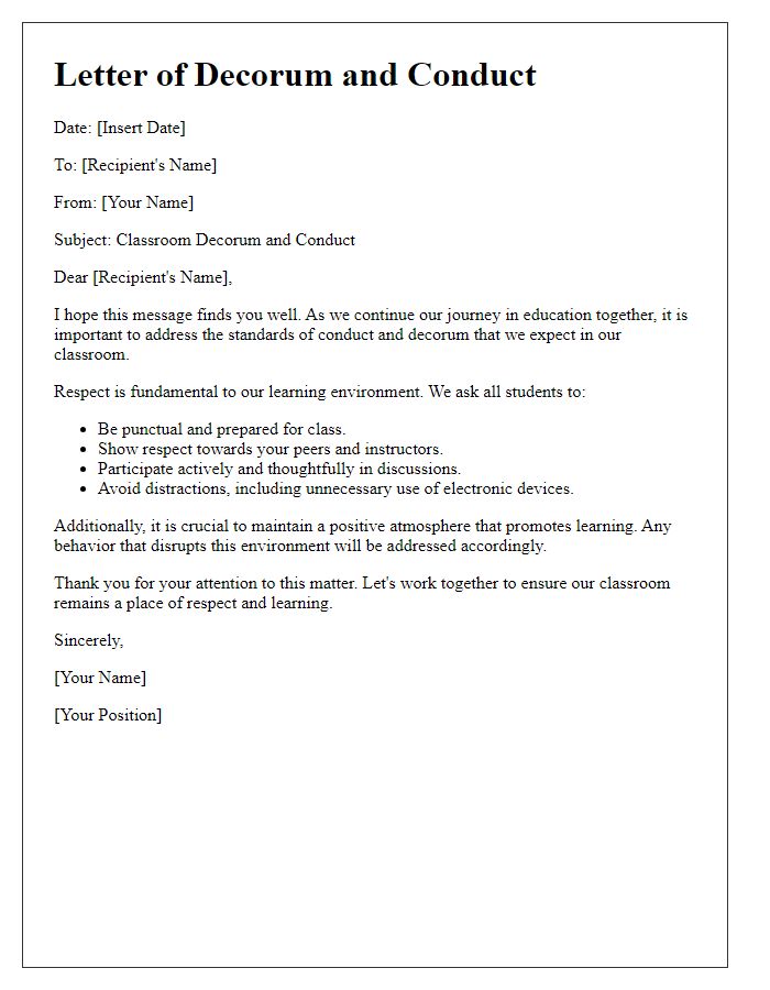 Letter template of decorum and conduct in class