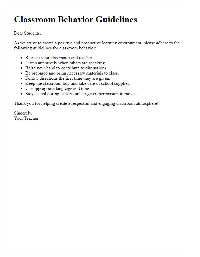 Letter template of guidelines for classroom behavior