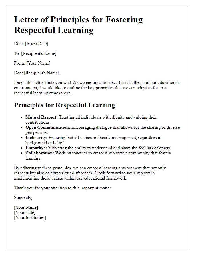 Letter template of principles for fostering respectful learning