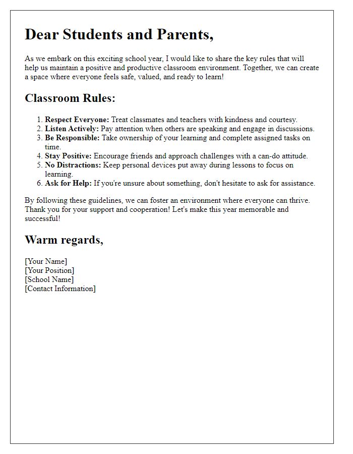 Letter template of rules for a positive classroom environment