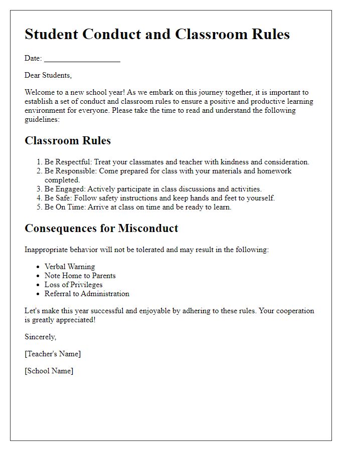 Letter template of student conduct and classroom rules