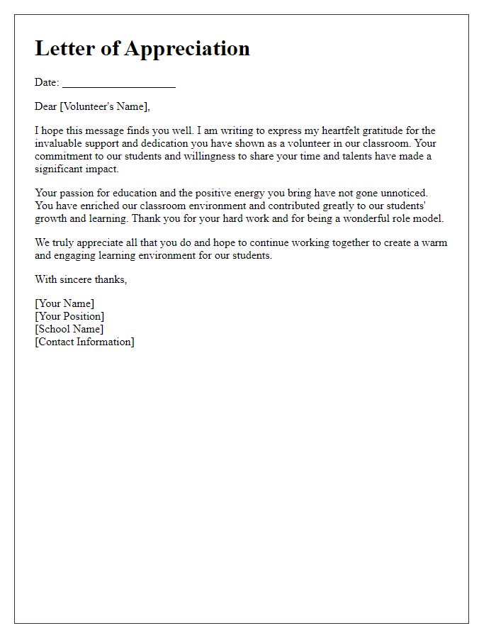 Letter template of appreciation for dedicated classroom volunteers