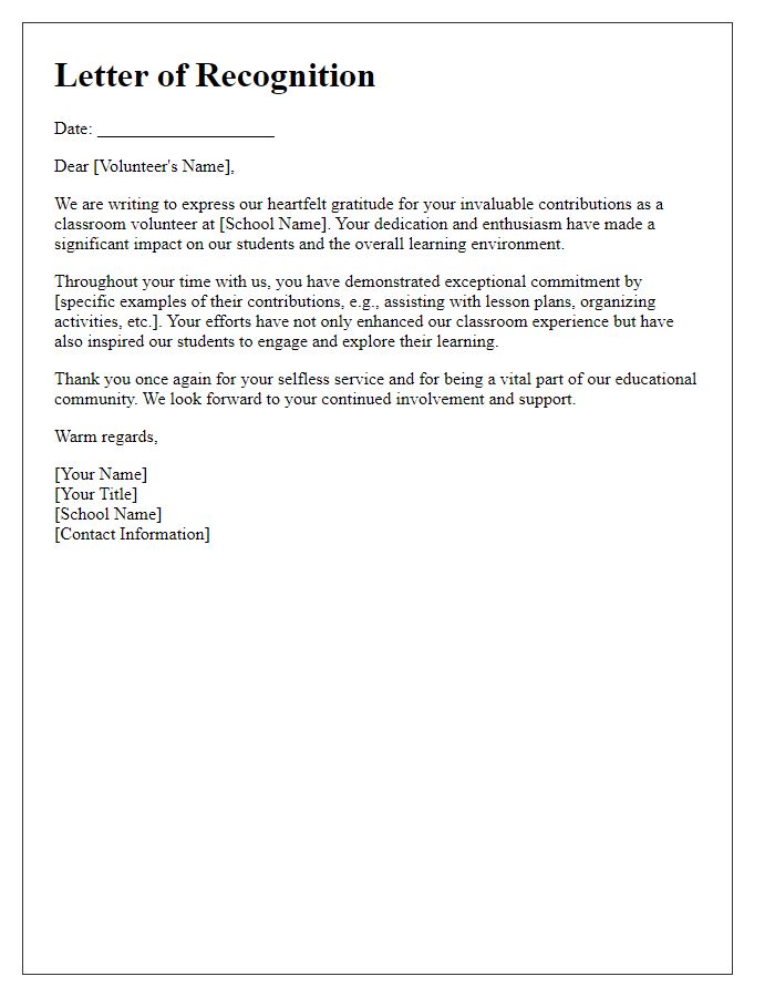 Letter template of recognition for classroom volunteer efforts