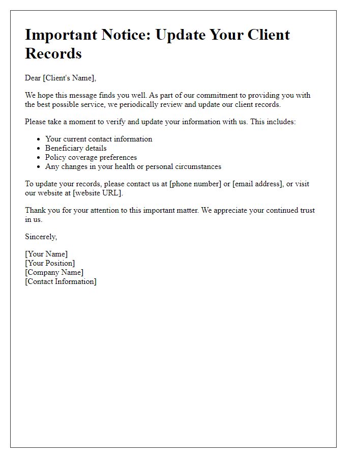 Letter template of advisory for insurance client record updates