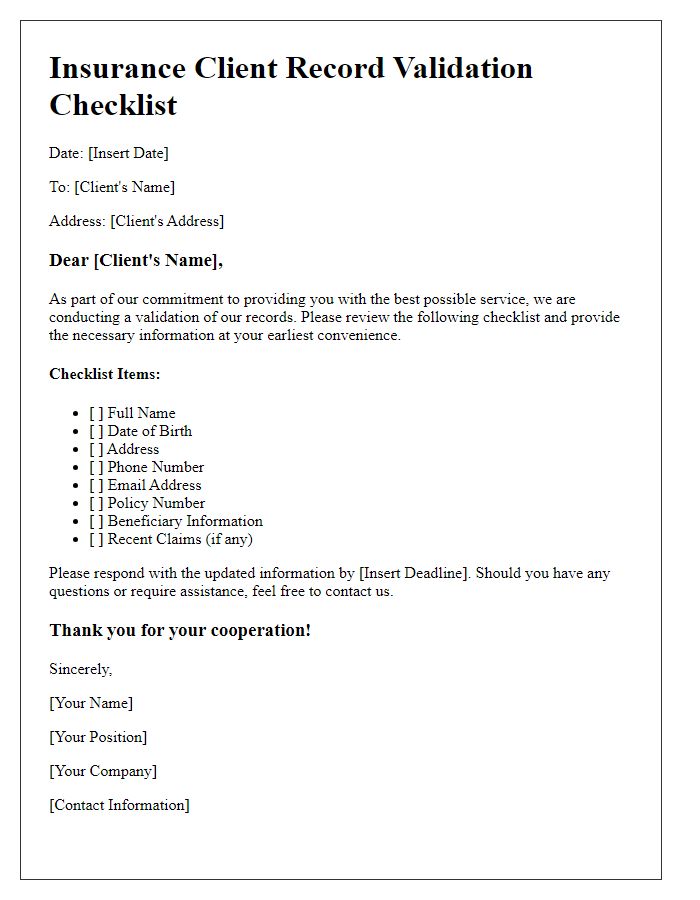 Letter template of checklist for insurance client record validation