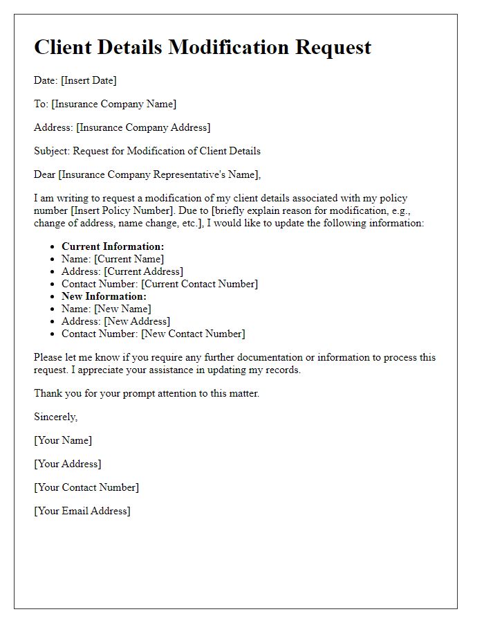 Letter template of communication for insurance client details modification