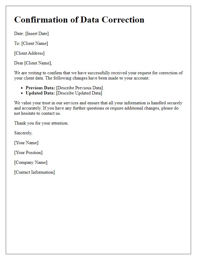 Letter template of confirmation for insurance client data correction