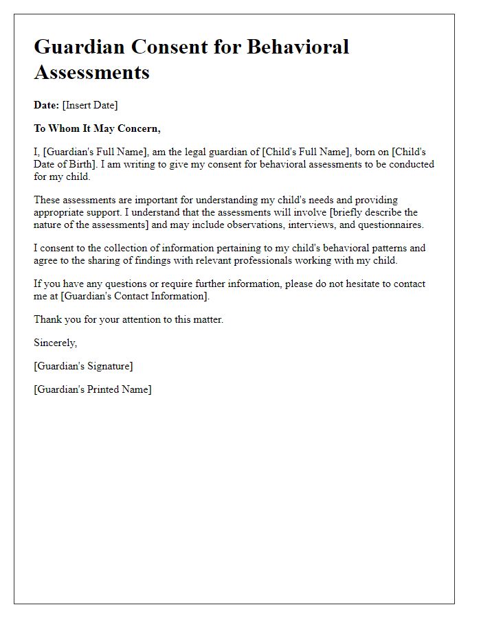 Letter template of guardian consent for behavioral assessments