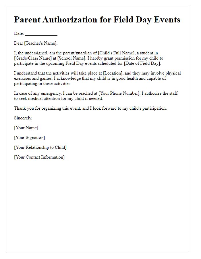 Letter template of parent authorization for field day events