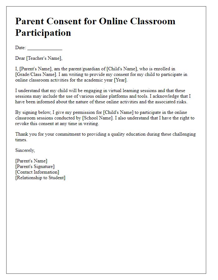 Letter template of parent consent for online classroom participation