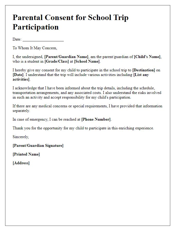 Letter template of parental consent for school trip participation