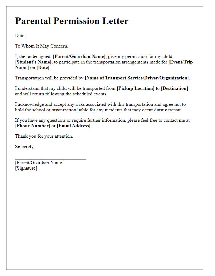 Letter template of parental permission for student transportation