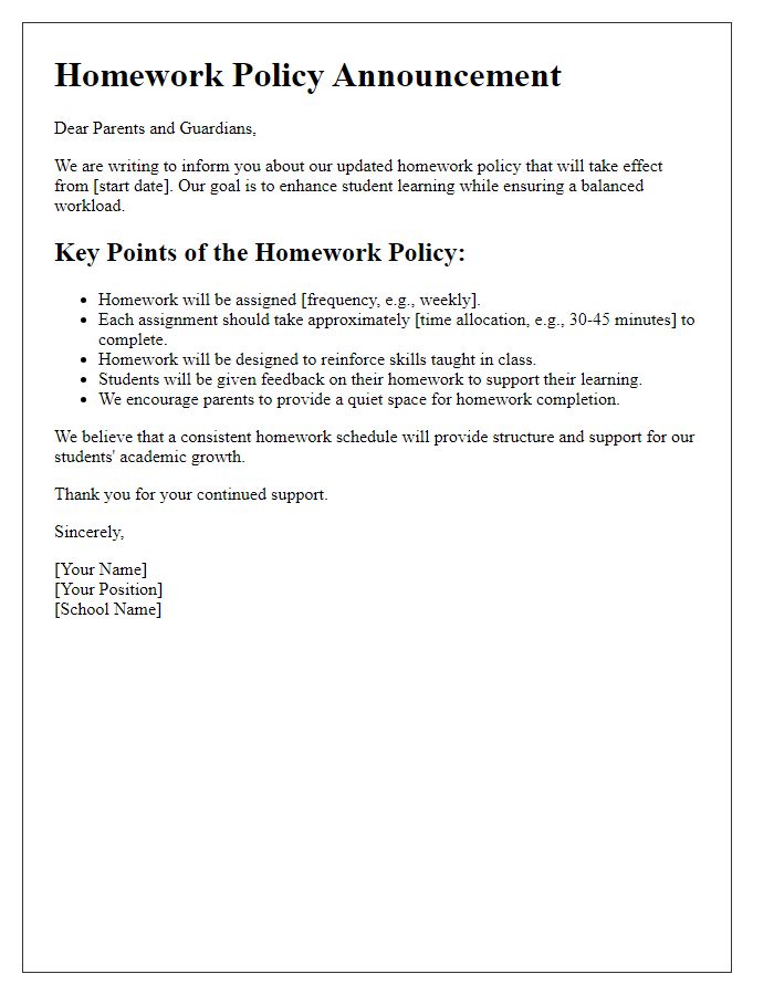 Letter template of homework policy announcement