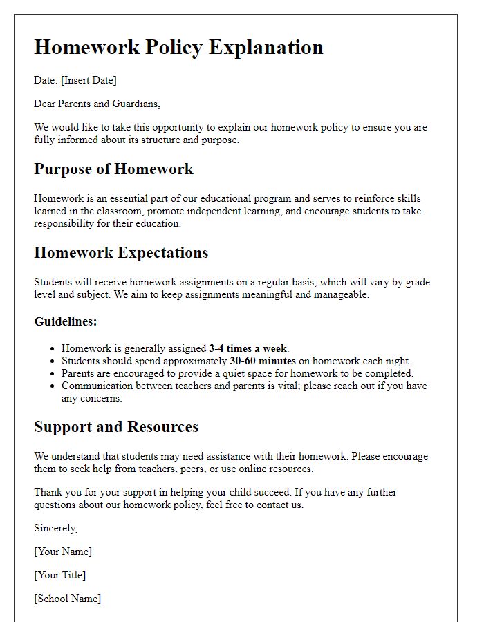 Letter template of homework policy explanation