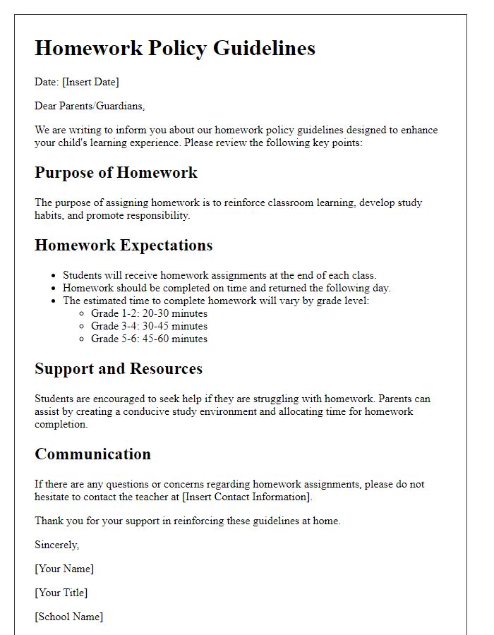 Letter template of homework policy guidelines